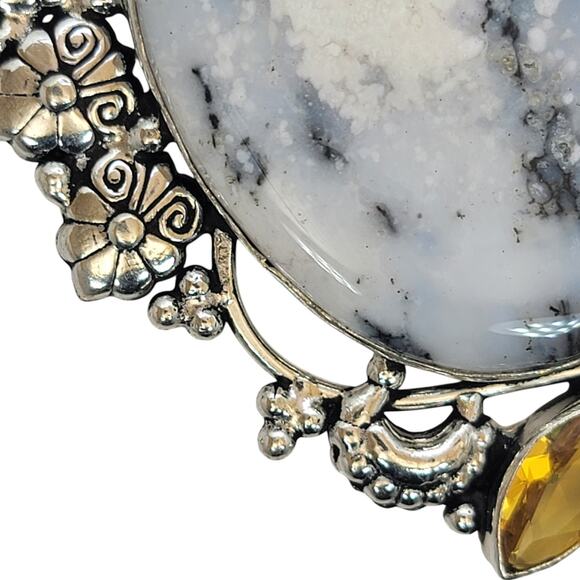 Dendritic Agate Pendant with Yellow Gems – Ornate Sterling Silver Necklace - Picture 4 of 10
